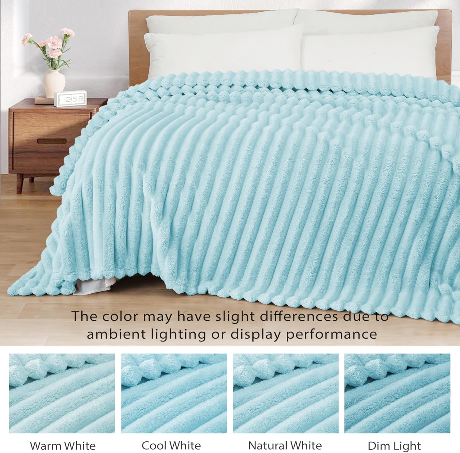 Exclusivo Mezcla Queen Size Flannel Fleece Blanket, Super Soft Striped Jacquard Bed Blanket, Lightweight Fuzzy Cozy for All Seasons, 90x90 Inches, Light Blue - Image 3