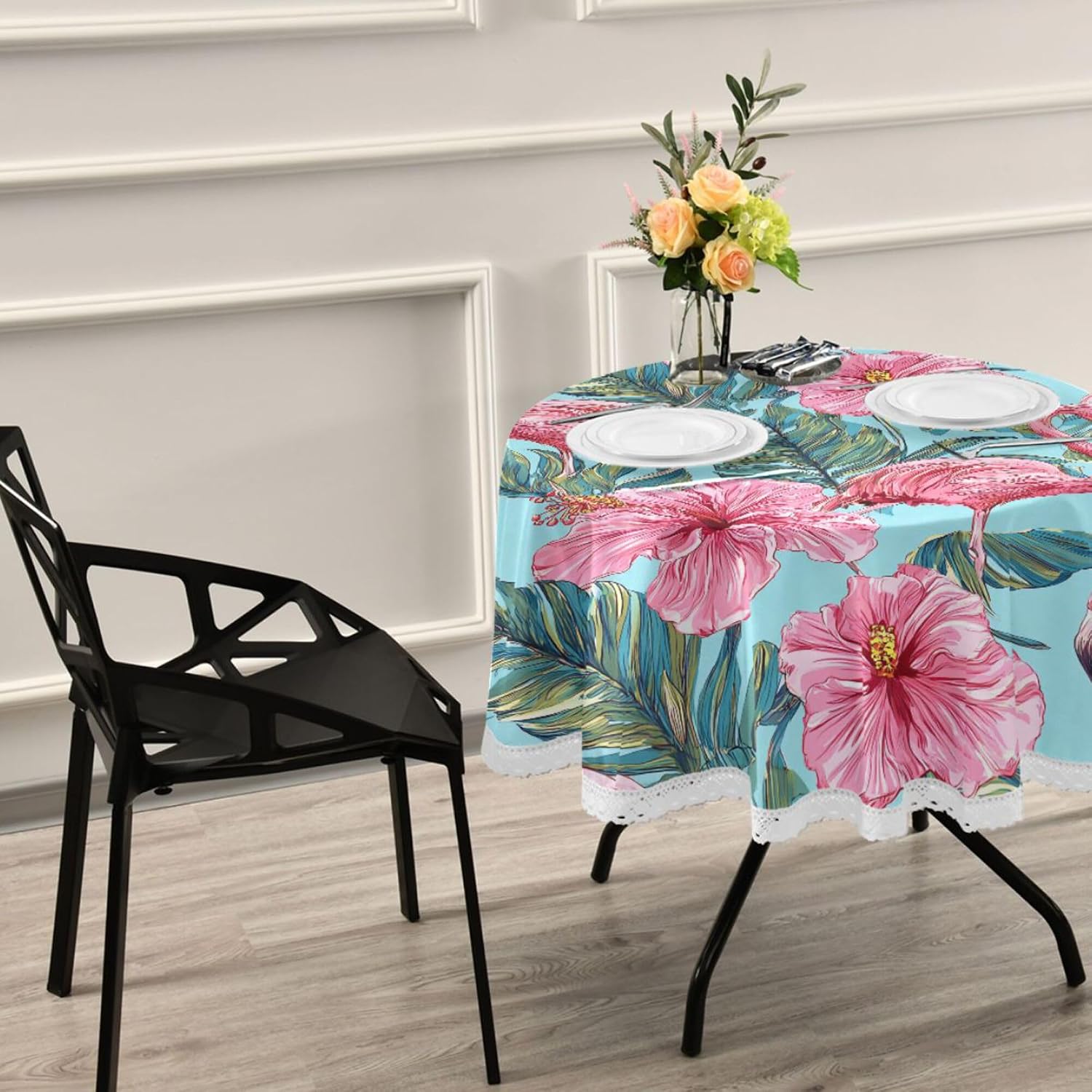 MNSRUU Round Tablecloth Pink Flamingo and Tropical Flowers On Blue Table Cover Round 60" Waterproof Table Protector for Outdoor Wedding Party Dining Room Table