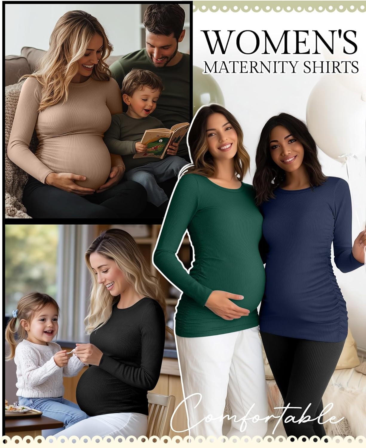 Ficerd 4 Pack Women's Maternity Shirts Cotton Long Sleeve Ribbed Crew Neck Pregnancy Tops Side Ruched Casual Mama Clothes - Image 5