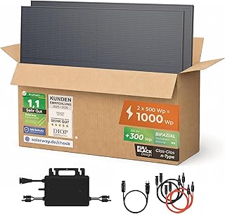 Solarway® Balkonkraftwerk 800W mit 1000Wp Solarmodulen – Komplettset mit Hoymiles HMS-800W-2T Wechselrichter – 2× 500W bifaziale Black Solarpanels – Mini PV Anlage für Steckdose inkl. Zubehör