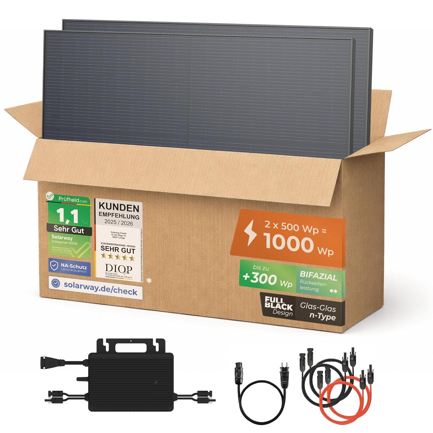 Solarway® Balkonkraftwerk 800W mit 1000Wp Solarmodulen – Komplettset mit Hoymiles HiFlow 800 PRO Wechselrichter – 2× 500Wp bifaziale Black Solarpanels – Mini PV Anlage für Steckdose inkl. Zubehör