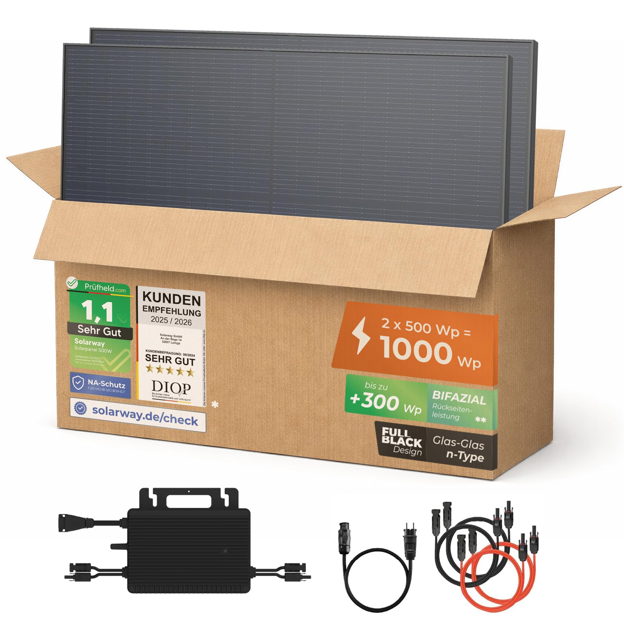 Solarway® Balkonkraftwerk 800W mit 1000Wp Solarmodulen – Komplettset mit Hoymiles HMS-800W-2T Wechselrichter – 2× 500W bifaziale Black Solarpanels – Mini PV Anlage für Steckdose inkl. Zubehör