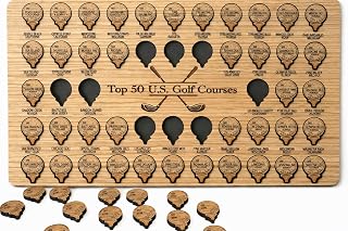 Top 50 US Golf Courses Bucket List Tracker Board - 18” x 11” Wooden Score & Date Tracker - Laser Engraved Hardwood - Gift for Golfers & Public Course Golf Fans (White Oak)