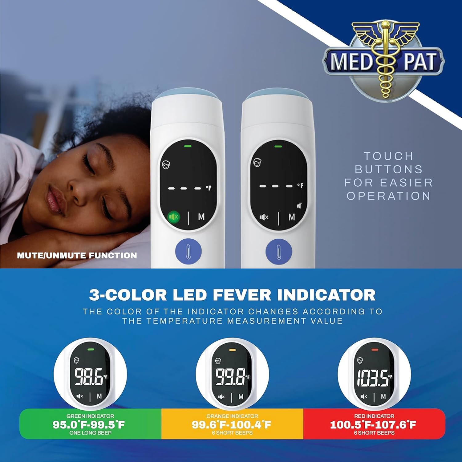 Three thermometer displays showing green for normal temperature (98.6F), yellow for mild fever (99.8F), and red for high fever (103.5F).