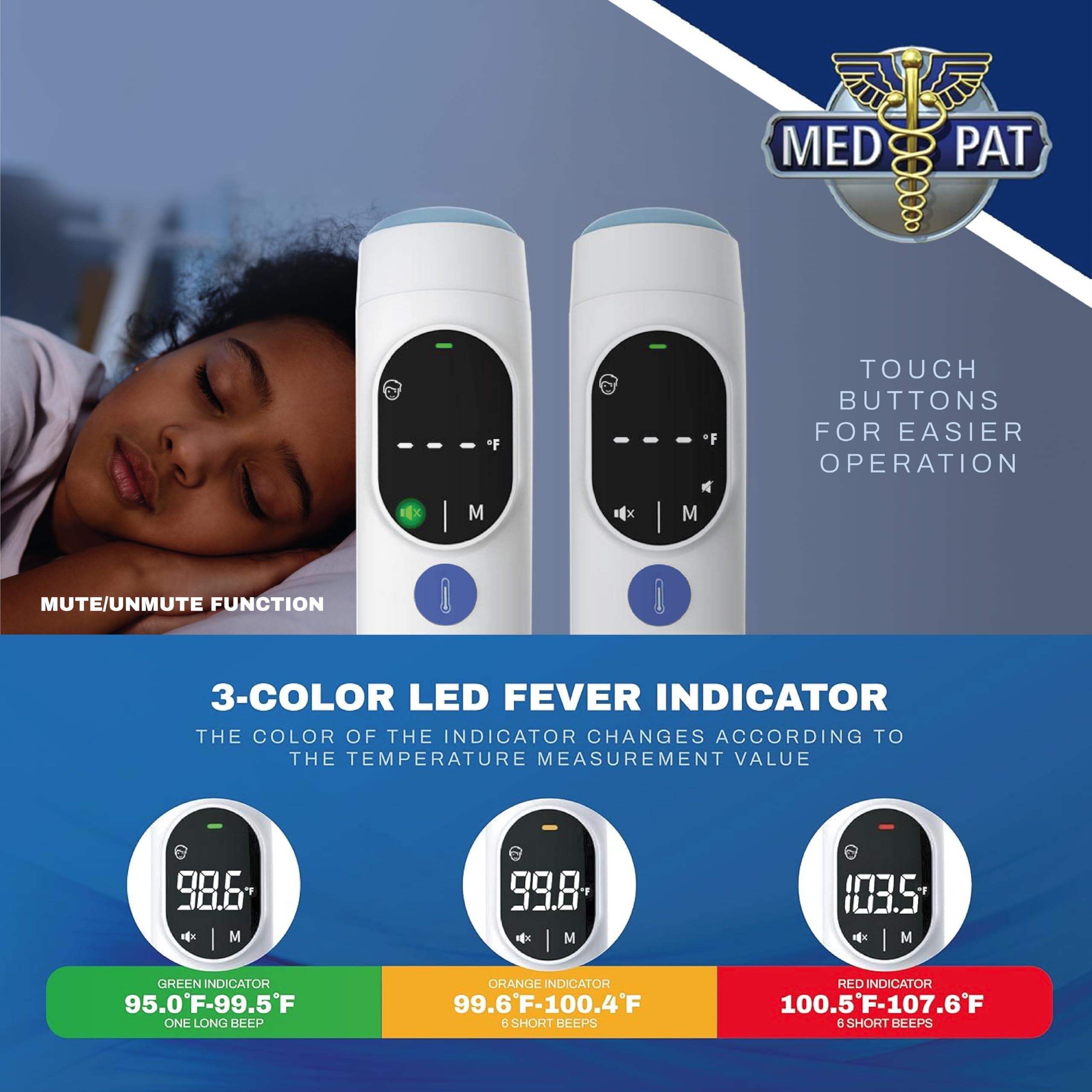 Med-Pat TH-1 - Termometro digitale touchless a infrarossi, risultato in 1 secondo, per bambini, adulti, allarme febbre temperatura, colore HD, modalità fronte e orecchio, luce automatica e modalità