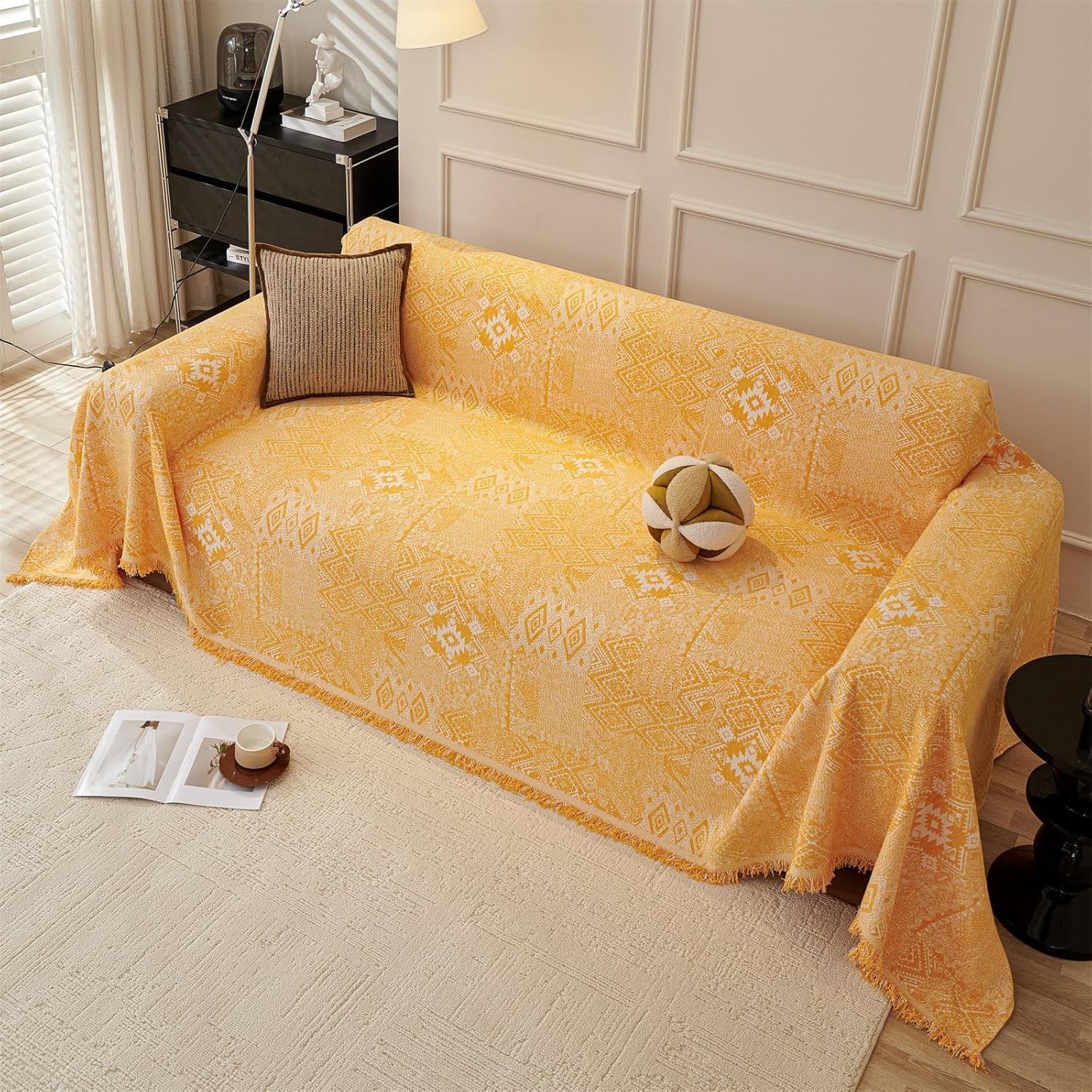 PEIHUODAN Bohemian Sofa Throws Large 1/2/3/4 Seater, Summer Blanket Throws for Settees, Cotton Non Slip Small Sofa Protective Cover, King Size Blankets for Beds (Orange Yellow,180x340cm)