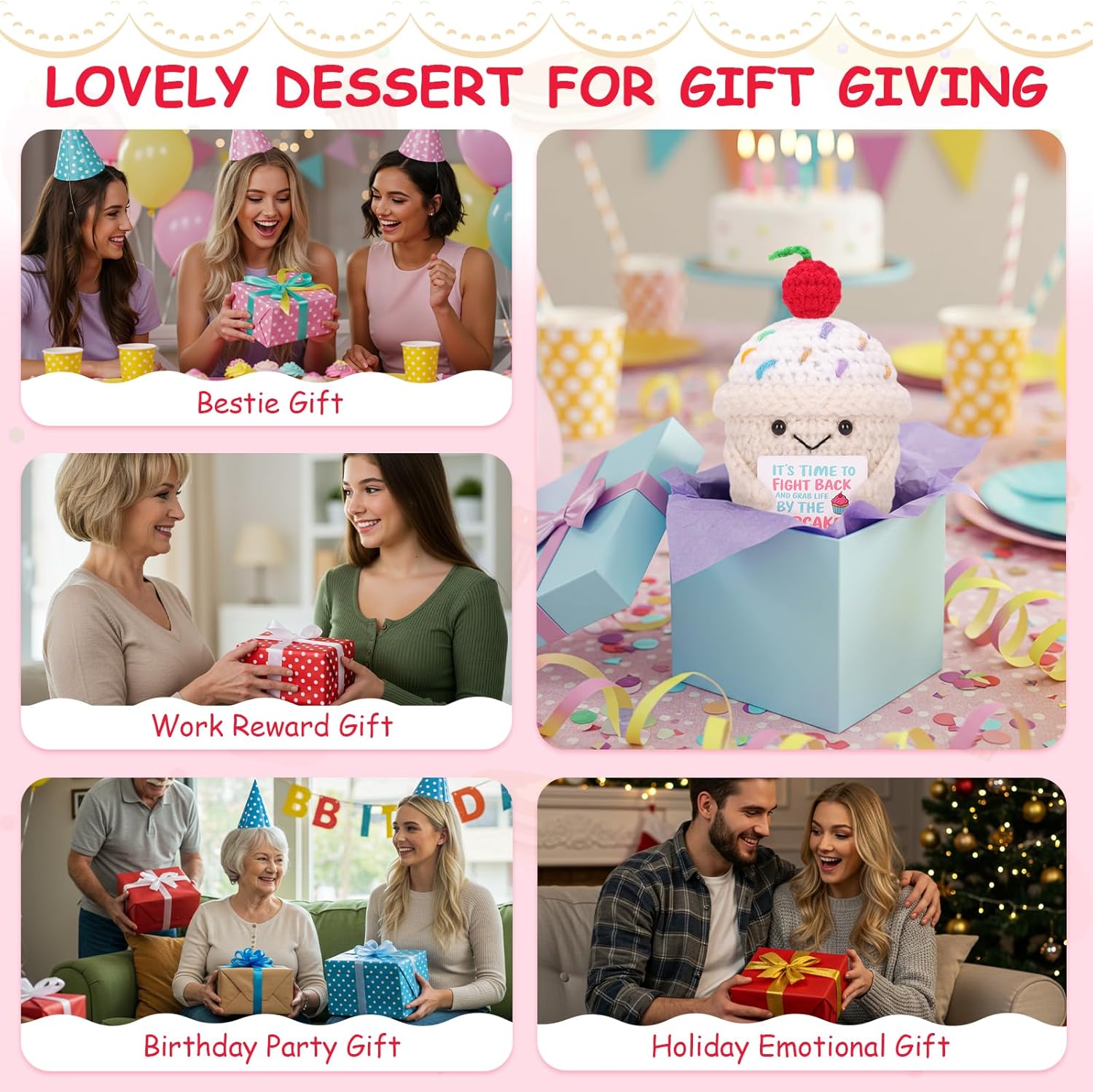 Positive Crochet Cupcakes with Affirmation Messages Crochet Emotional Cupcake Plush for Women Best Friends Christmas Birthday Emotional Gifts (Beige) - Image 6