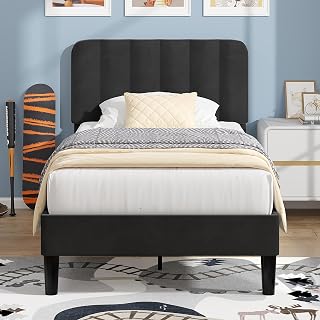 VECELO Twin Size Bed Frame with Upholstered Headboard, Velvet Platform Bedframe Mattress Foundation, Strong Wood Slat Support, No Box Spring Needed,Black