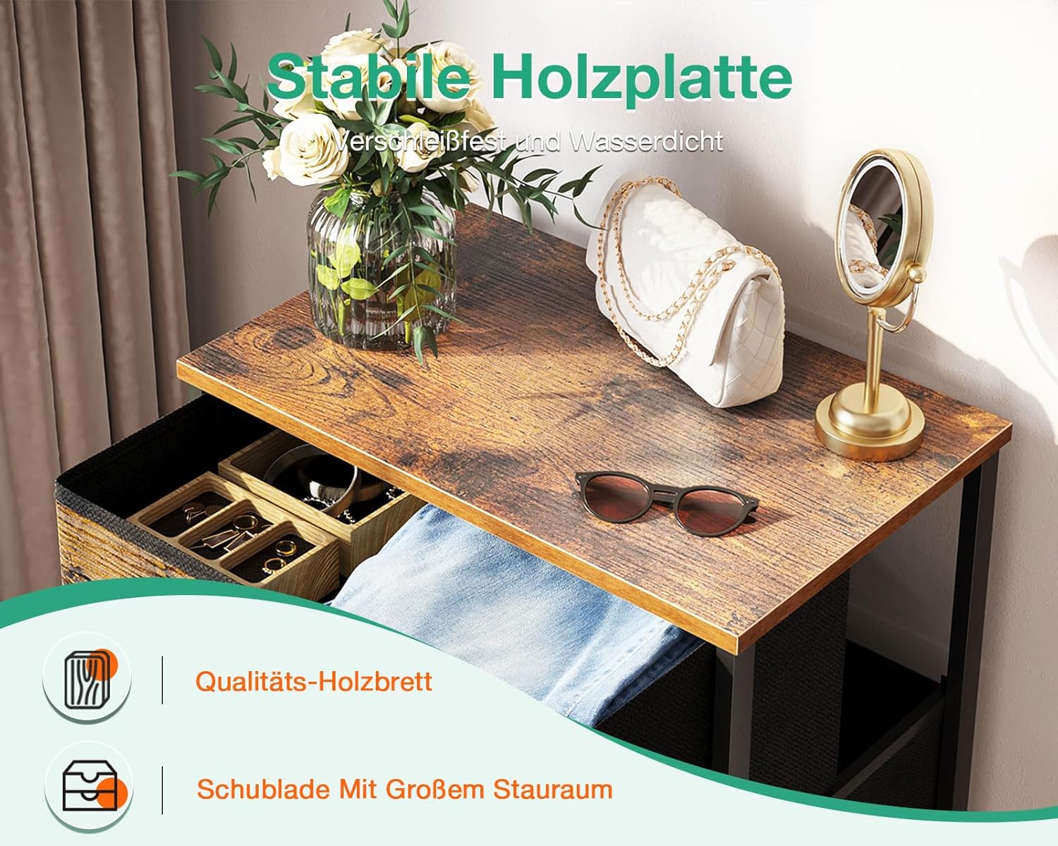 Open drawers showing storage capacity