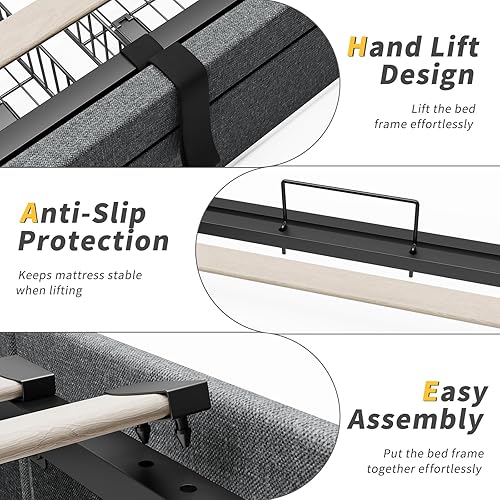 Vista 8 de Cama de almacenamiento elevable de tamaño matrimonial, cabecera de almacenamiento iluminada RGB con estación de carga, marco de cama matrimonial