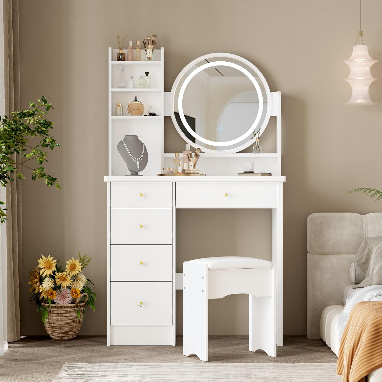 Timechee Make up Vanity Desk with Mirror, Vanity Set with Chair, Storage Drawers, Shelves & Cushion Stool, Makeup Table for Bedroom, White