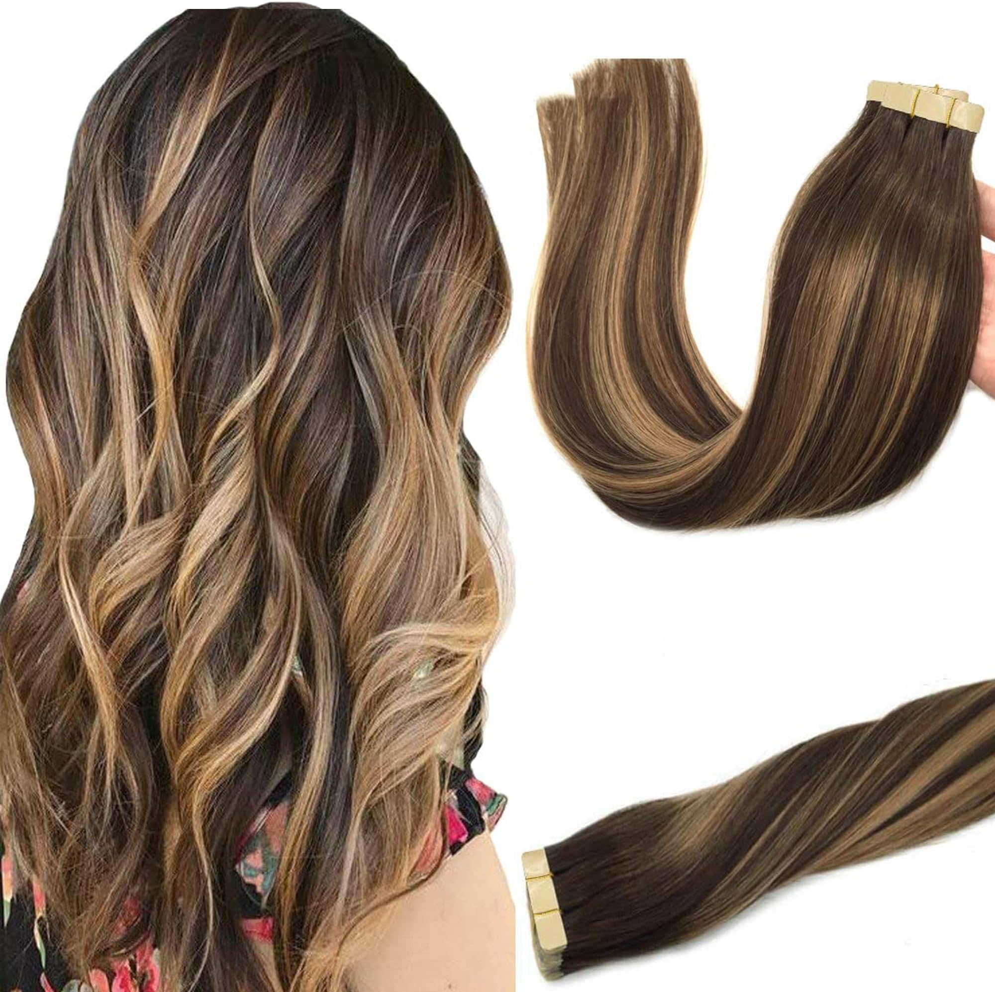 Multi Colored Remy Hair Extensions Tape in Chocolate Brown to Caramel Blonde Mixed Brown Balayage Straight Skin Weft Tape in Human Hair Extensions 16 inch 20pcs 50g
