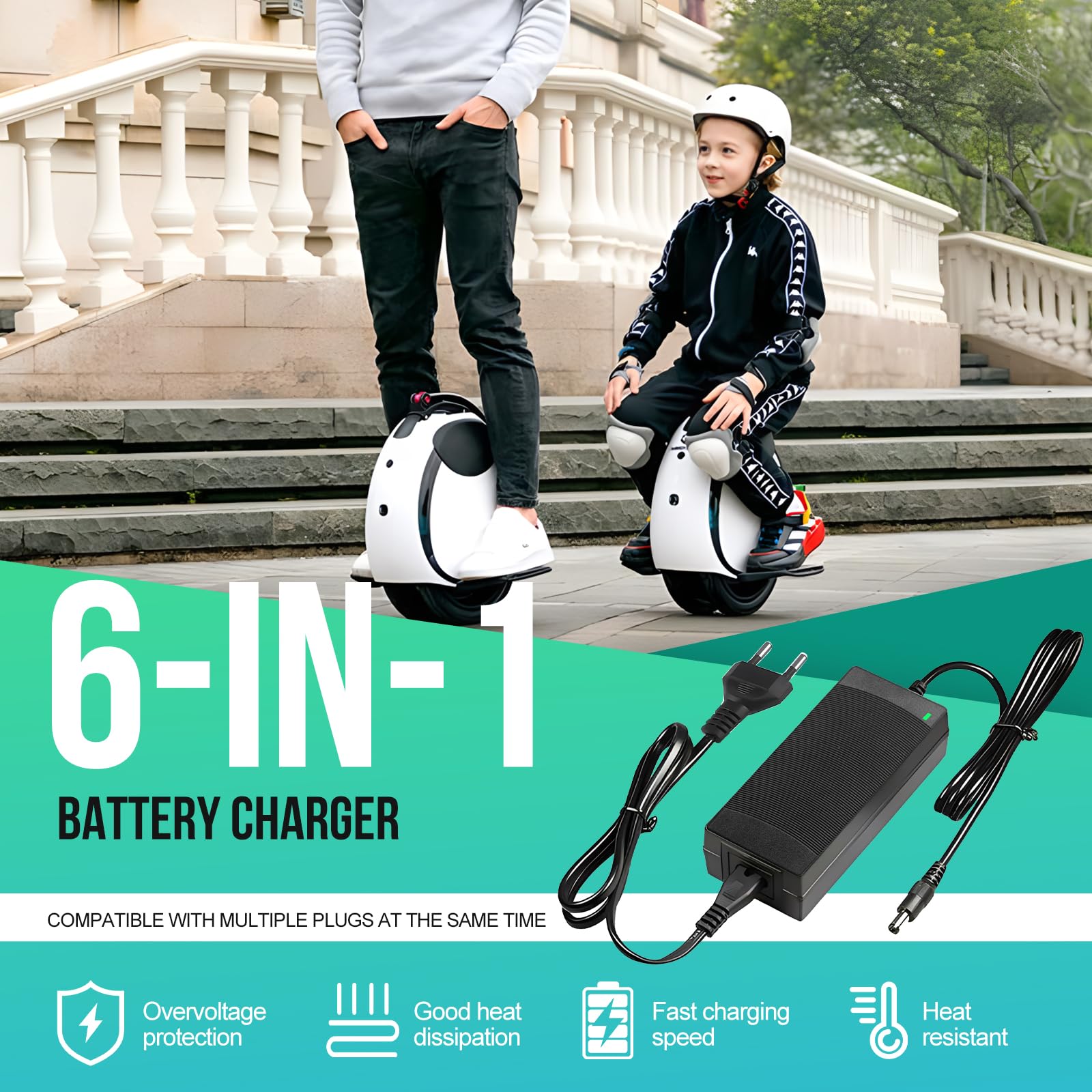 RoserRose Hoverboard kabel do ładowania, ładowarka do skutera elektrycznego, 42 V, 2 A, 6 przyłączami, zasilacz sieciowy AC, ładowarka do deskorolki elektrycznej i rowerów elektrycznych