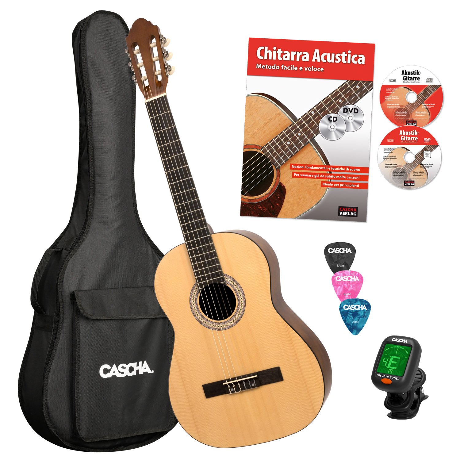 CASCHA HH 2043 IT Guitare Classique 4/4 Bundle, mat naturel, table épicéa, avec livre de guitare en espagnol, CD, DVD, accordeur, sac rembourré et 3 médiators