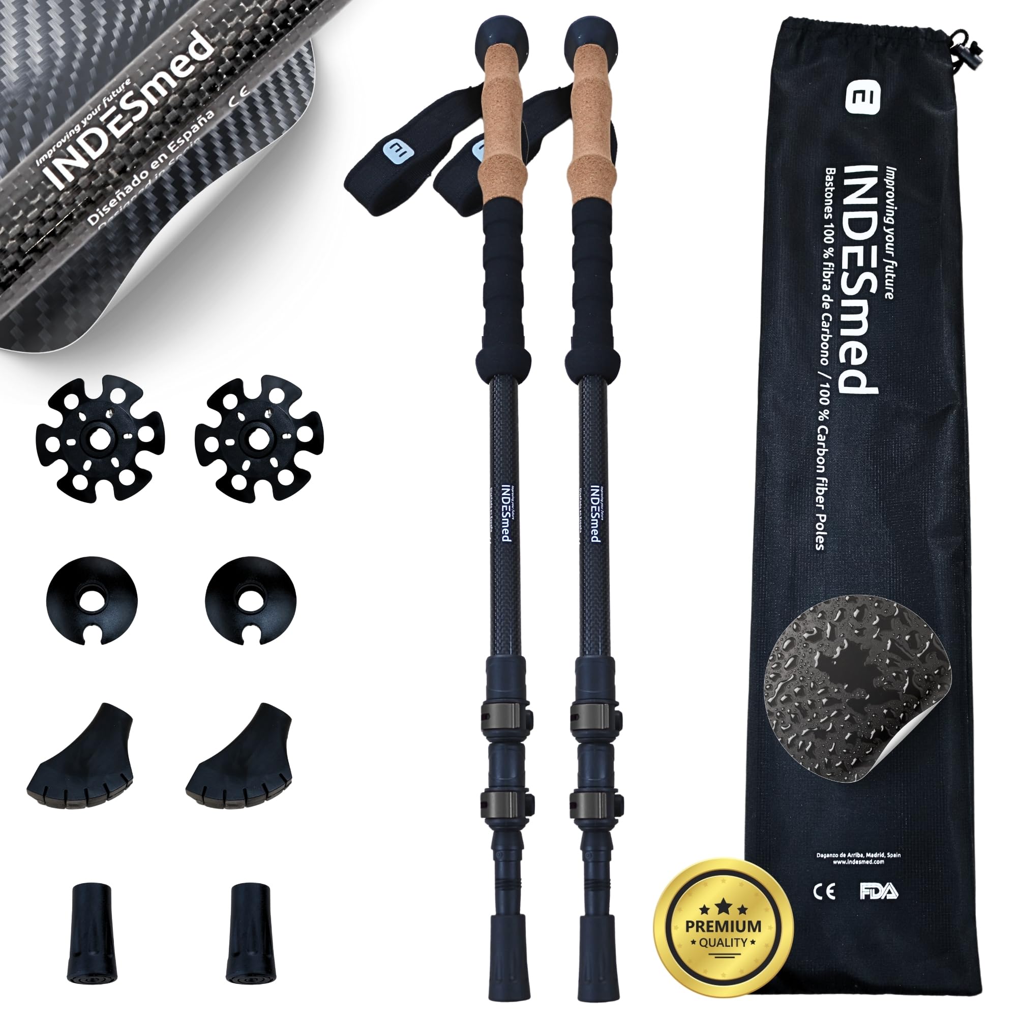 INDESmed - Bâtons de randonnée télescopiques 100% Carbone – Antichoc, antidérapant – Bâton de Marche Nordique Pliable avec Fermeture Rapide | 8 Accessoires Tout-terrains – Poles Trekking