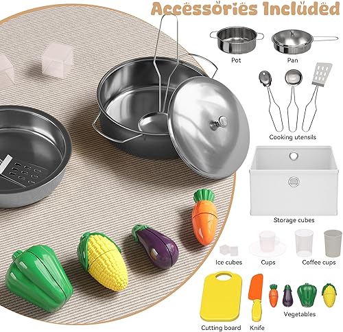 Miniatura 6 de Juego de juguetes de cocina, juego de cocina de madera para niños con luces y sonidos reales, fregadero, estufa, horno, máquina de hielo y