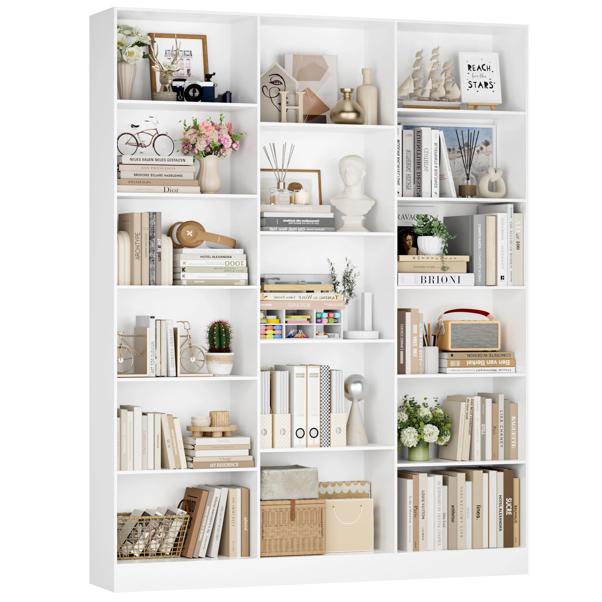 FirFurd Boekenkast 6-laags boekenplank met deuren 185,5 cm woonkamer boekenkast vrijstaande displayplank hoge opbergkast voor thuiskantoor wit 115 x 27 x 185,5 cm