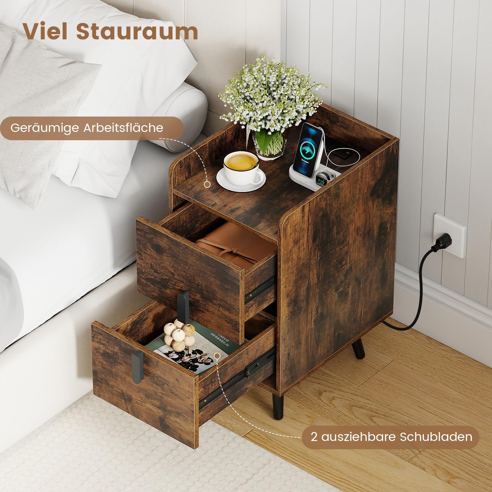 COSTWAY Nachttisch mit Ladestation, schmaler Nachtschrank mit 2 Schubladen, Beistelltisch mit Metallbeinen, Nachtkommode für Schlafzimmer, Wohnzimmer, 40 x 32 x 60 cm (Rustikales Braun)