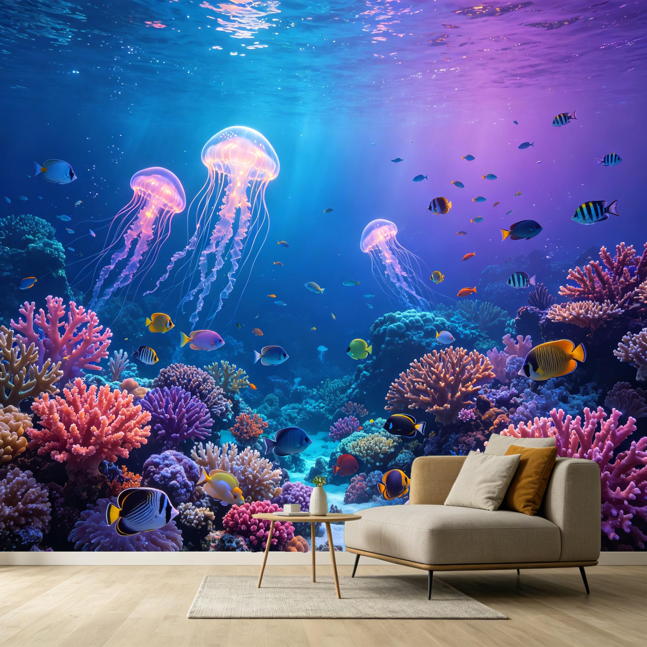 Custom Size Wall Murals Ocean Marine Jellyfish Tropical Fish Coral Reef SelfAdhesive Wall Fabric Removable Large Wallpaper for Photo Living Room Wall Decor