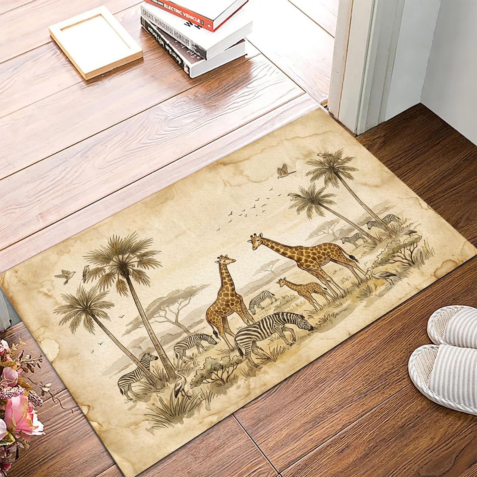 Waschbare Fußmatte Für Innen Retro-Afrikanische Tiere Motiv - 90X150Cm Natürliche Giraffen Elefanten Fußabtreter Küche Bodenmatte Teppich Rutschfeste Willkommensmatte Schmutzfangmatte - Beige