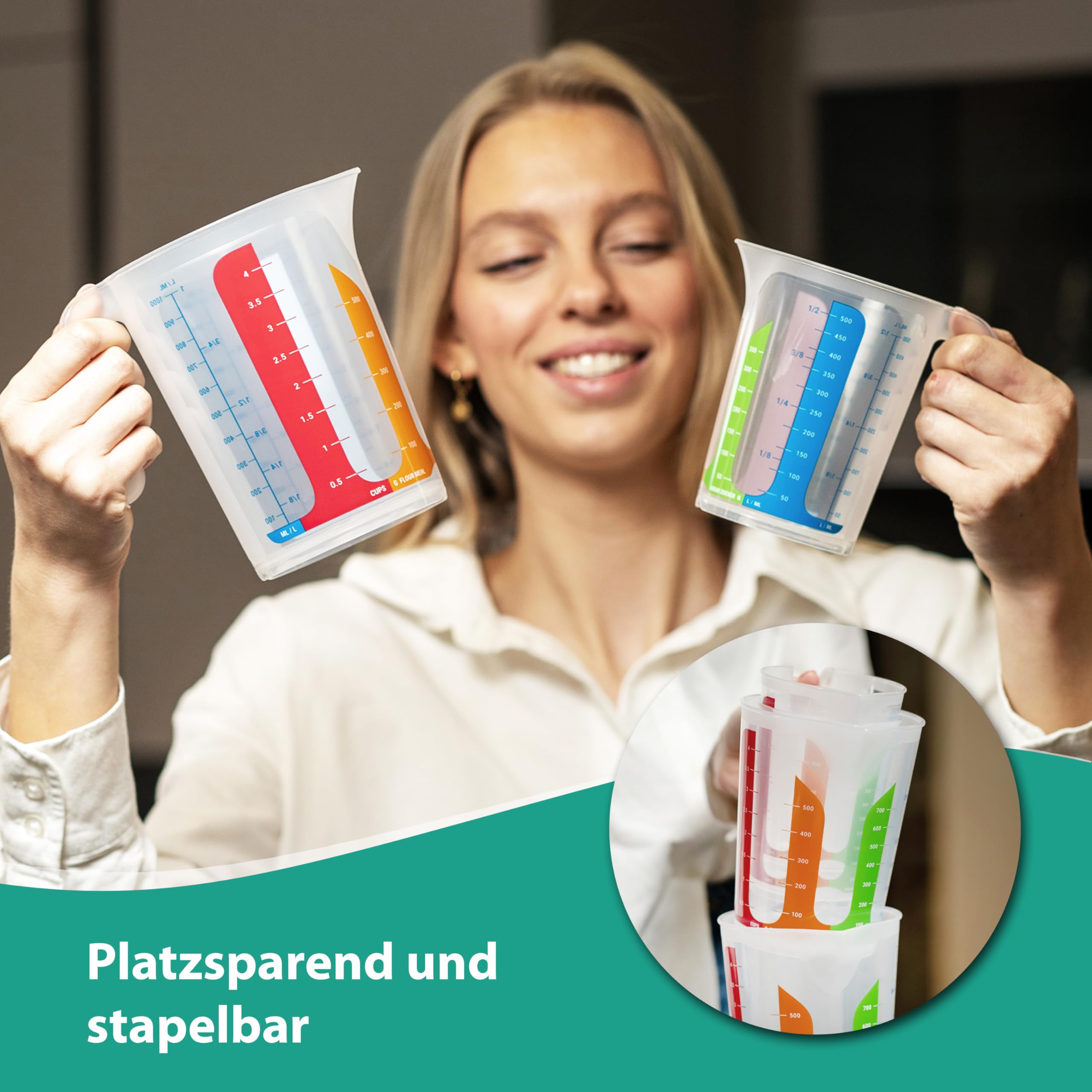 MiraHome 3er Set bunt – 3 Messbecher mit 1L – bruchsichere Kunststoff-Messbecher für Küche – Skala für ml/L, Cups & Gramm für Zucker/Mehl – Austrian Quality