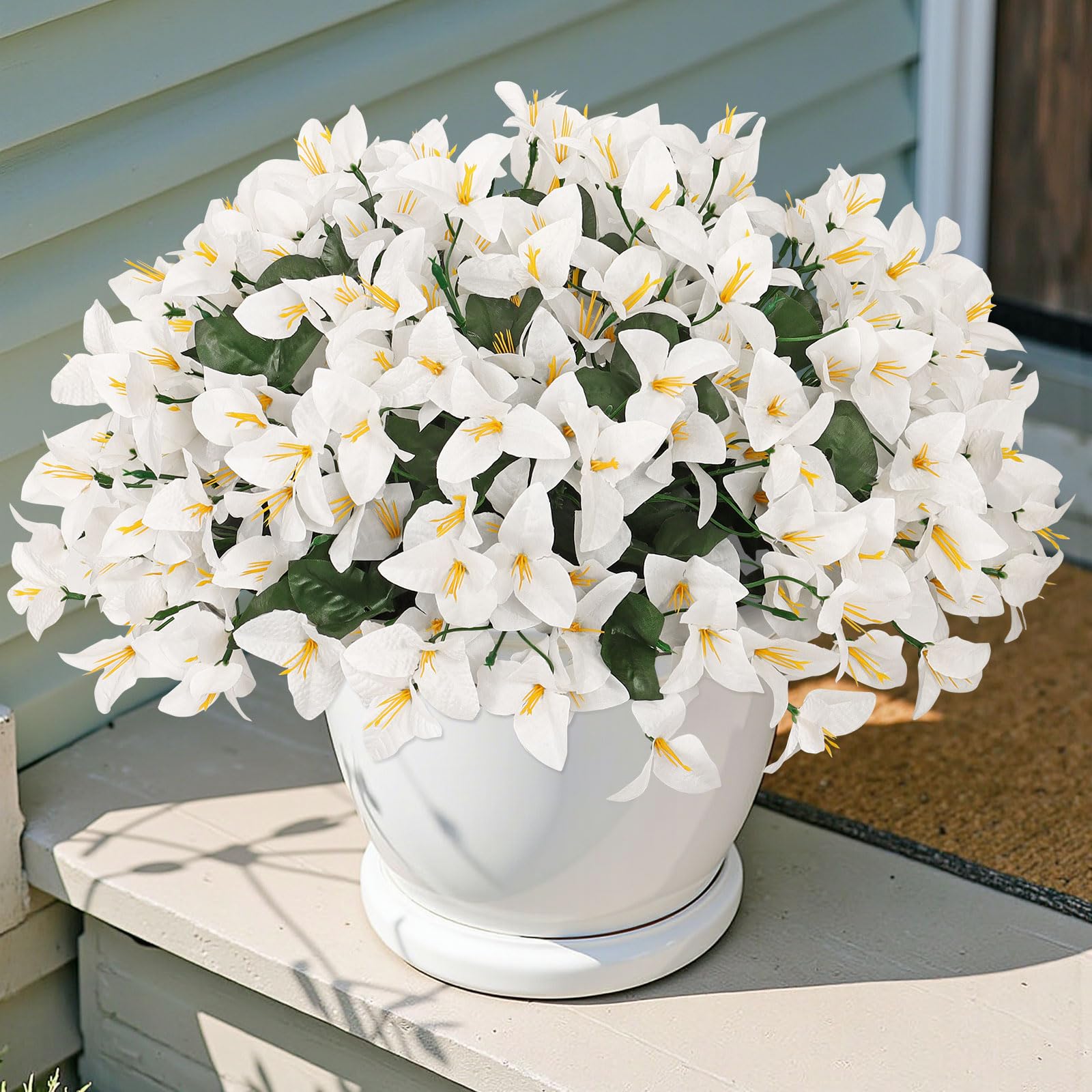 SOMYTING 4 Bundles Artificial Flowers, Fake Flowers UV Resistant Realistic Silk Flowers Faux Bougainvillea Bouquet for Indoor Outdoor Home Garden, Porch, Vases and Hanging Baskets (White)