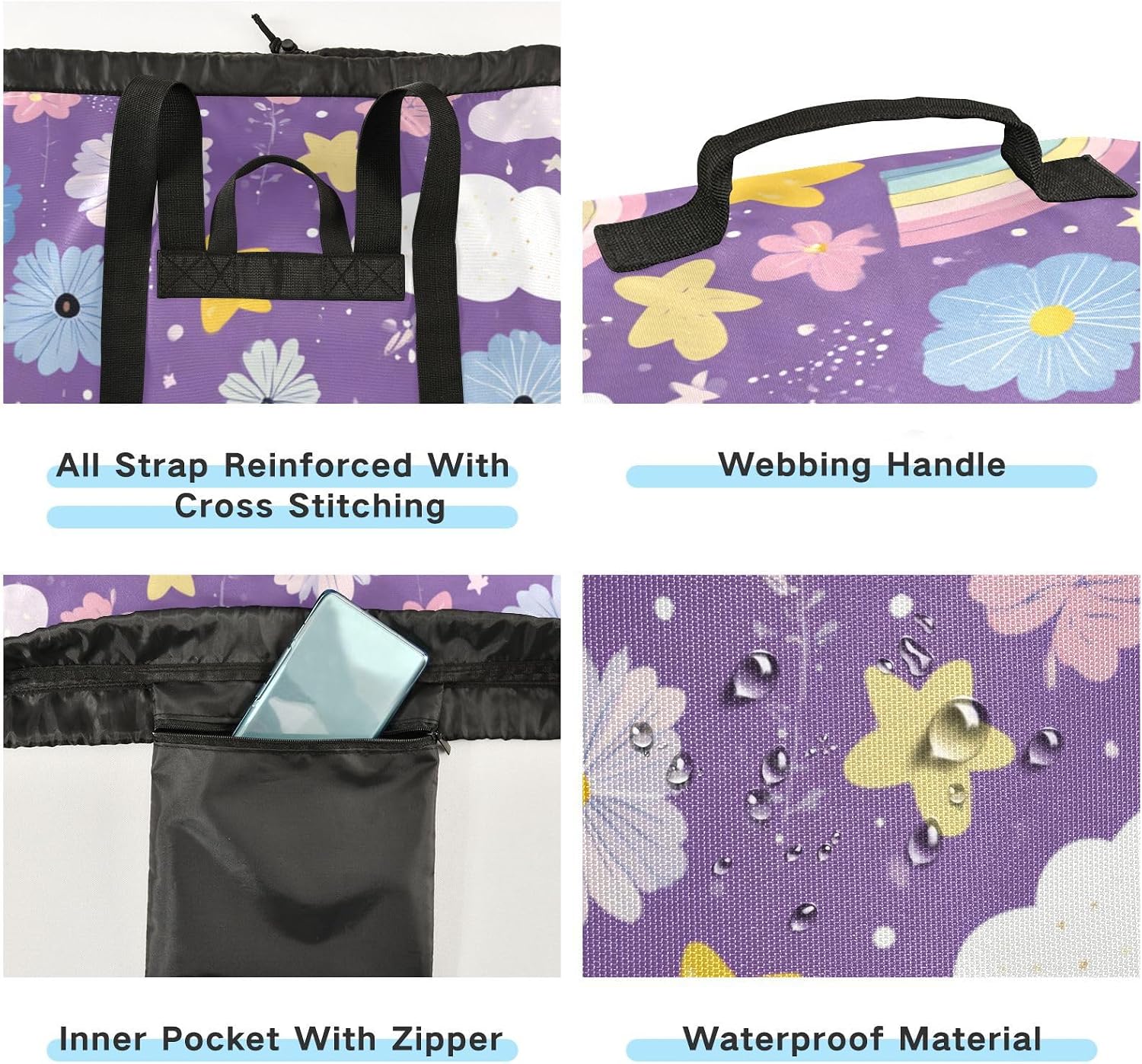 Cute Purple Rainbows Stars Flowers Laundry Backpack Bag with Adjustable Shoulder Straps Handle Dirty Laundry Hamper Bag for Traveling Camp College Dorm Heavy Duty Waterproof Large Capacity image 3