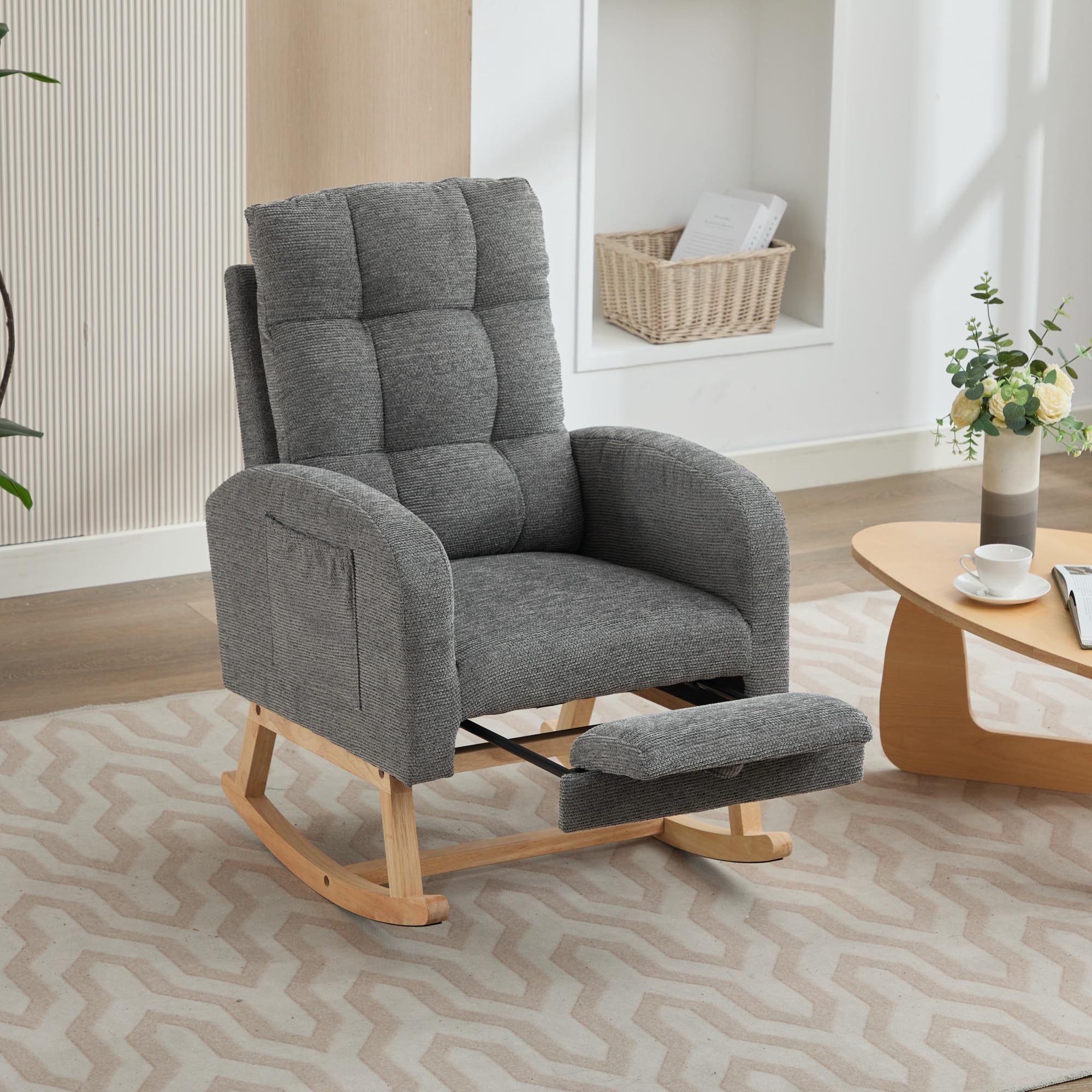 BTM Rocking Chair with Adjustable Footrest & Wooden Legs for Living Room, Rocking Chair for Nursery, Lounge Armchair with Side Pockets and High Backrest, Grey, Waffle Fabric