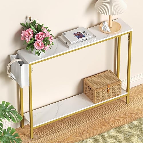 Miniatura 6 de Bigbiglife Mesa de entrada de consola de 39.4 pulgadas, mesa de sofá estrecha industrial de 2 niveles con estantes de almacenamiento para pasillo,