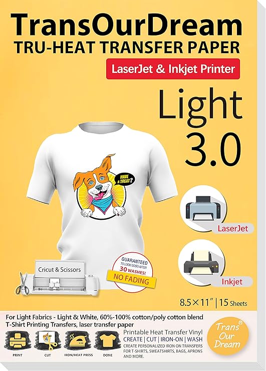 TransOurDream Iron on Heat Transfer Paper for Light T Shirts (15 Sheets ...