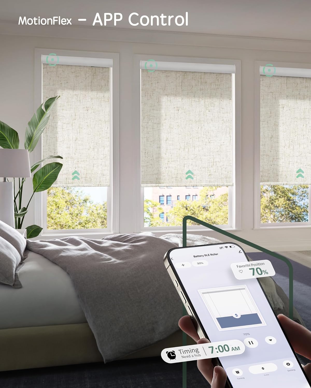 Yoolax Motorized Shades Dual Control, MotionFlex Motorized Roller Shades with App & Manual Control, Pull Down Automatic Shades for Indoor Windows, Custom Size(Light Filtering Linen Beige)