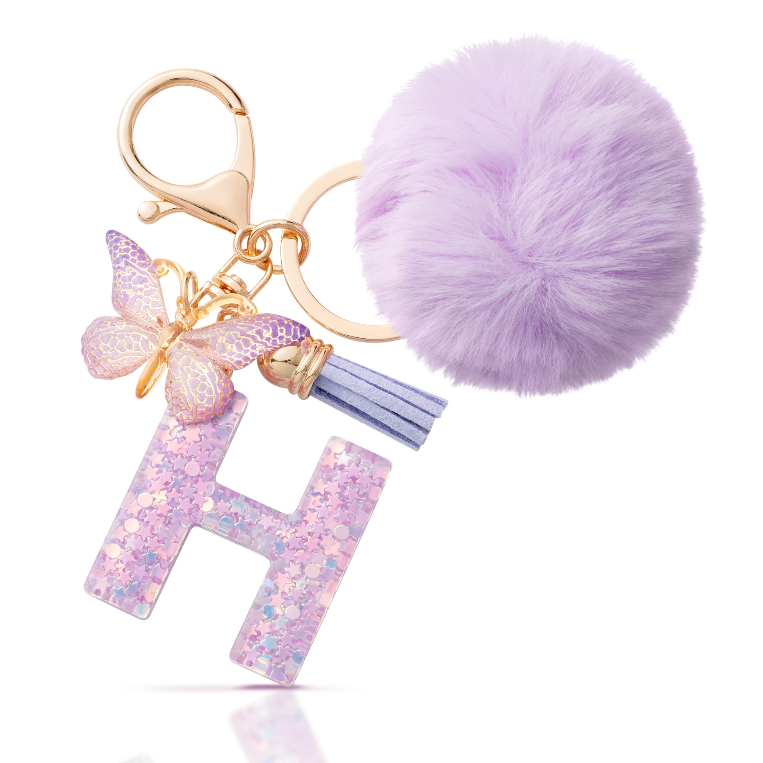 CHUQING Schlüsselanhänger Buchstabe Geschenke Mädchen Schlüssel Anhänger mit Pompon Anfangsbuchstaben Keychain Letter Schmetterling für Frauen Damen Geburtstagsgeschenk