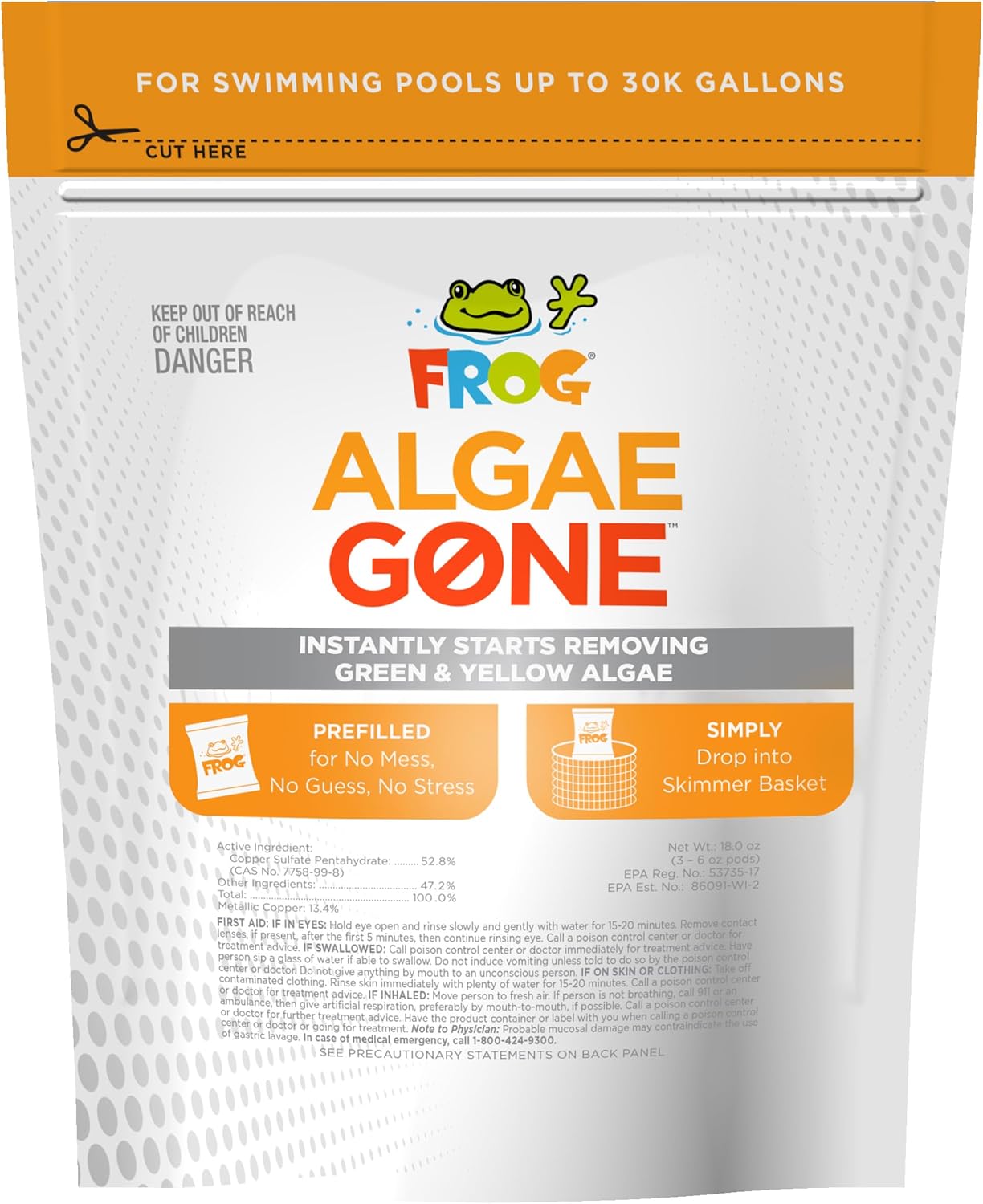 FROG Algae Gone - Dry Formula Algaecide Removes Green and Yellow Algae for In-Ground & Above-Ground Pools up to 30,000 Gallons - Chemical Pool Maintenance & Treatment - 3 Pods