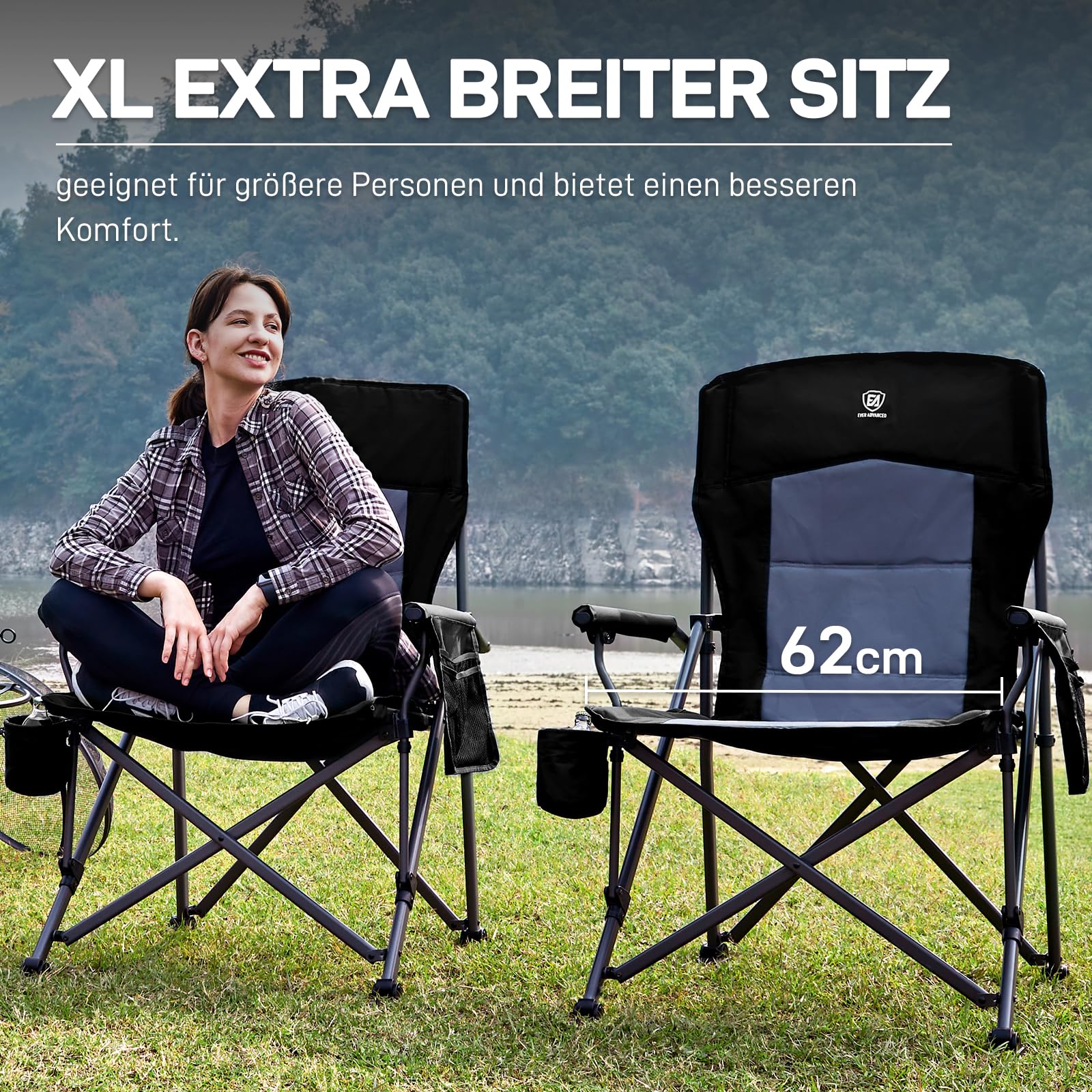 EVER ADVANCED Campingstuhl Faltbar 230KG Belastbar XL Klappstuhl 62cm Sitzbreit mit Seitentasche Getränkehalter Übergroß Faltstuhl Angelstuhl für Camping Outdoor Balkon Garten