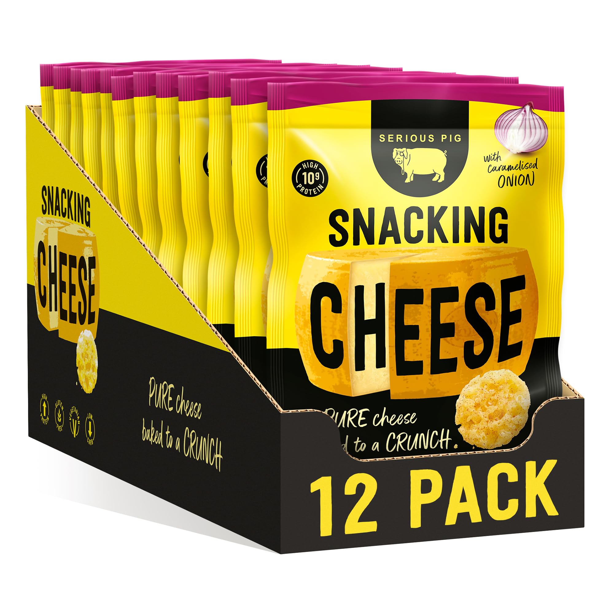 SERIOUS PIG - Crunchy Snacking Cheese Snacks, High Protein, Low Carb, Keto Friendly, Gluten Free, Vegetarian, Pub Snacks, Made from 100% Real Italian Cheese (Caramelised Onion) (12x0.84oz)