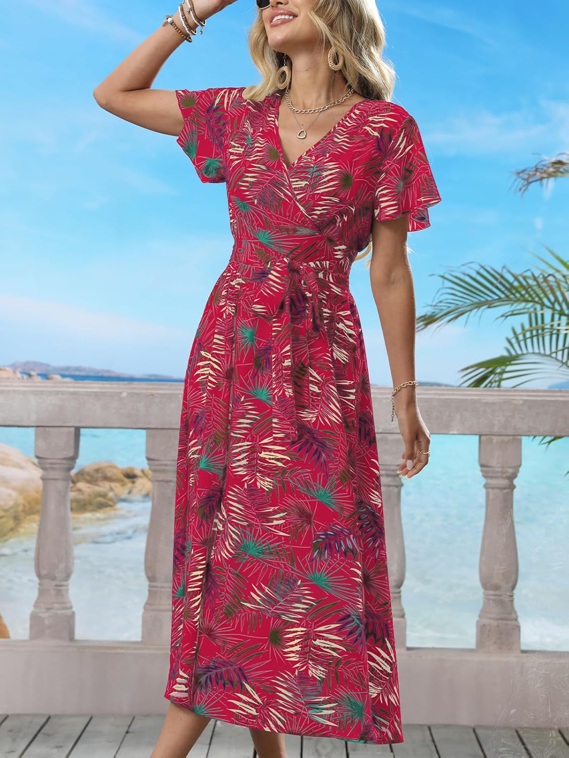 Women's Boho Summer Wrap Midi Dress - Palm Leaf Floral Print V-Neck Ruffle Short Sleeve Casual Beach Vacation Dress - Image 6