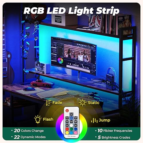 Miniatura 4 de Escritorio para computadora de 47 pulgadas con estantes ajustables, escritorio para juegos con luces LED y tomas de corriente, escritorio de oficina