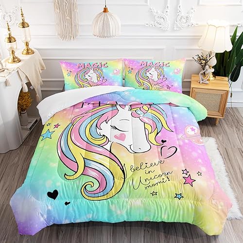 Miniatura 2 de Juego de edredón de unicornio para niños, tamaño individual, 3 piezas, juego de ropa de cama Kawai con estrellas y arco iris, sistema solar, para