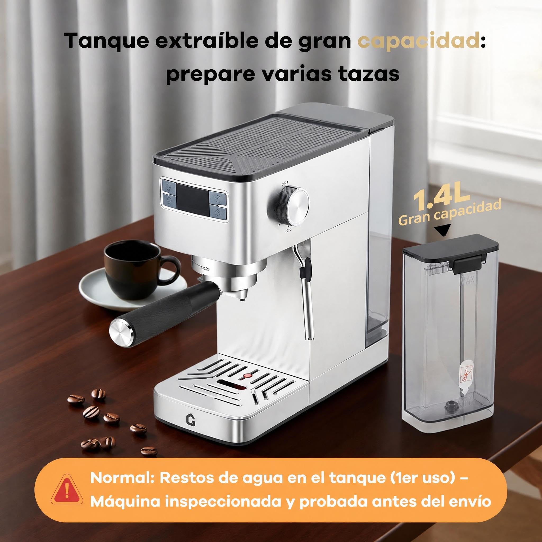 Garvee Máquina De Café Expreso De 15 Bares De Acero Inoxidable, Semiautomática Con Espumador De Leche,Diseño Compacto Depósito De Agua Extraíble De 1,4 l, Pantalla Digital, Perfecta Para Capuchi