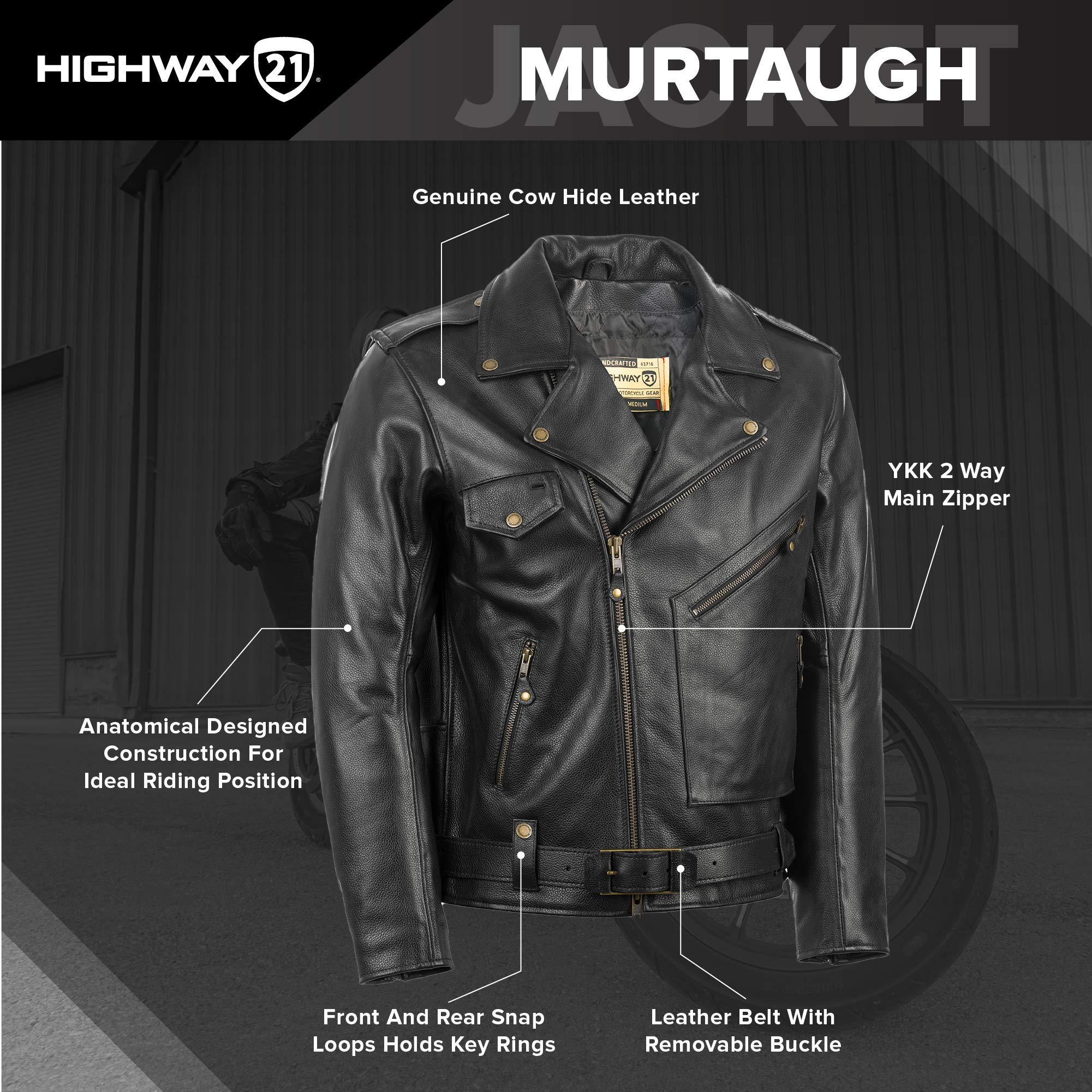 Highway 21 Murtaugh Jacket, Cowhide Leather Riding Gear, Vintage Motorcycle Apparel with Belt, D-Pocket, and Zippers