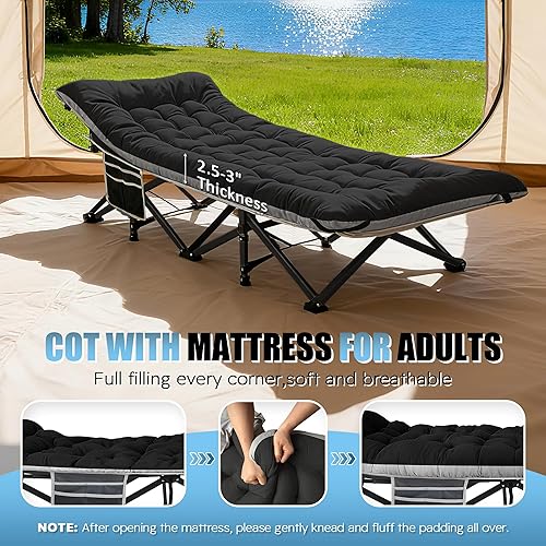 Miniatura 3 de HABUTWAY Catre de campamento, catre portátil para adultos, catre para dormir de 28 pulgadas de ancho, carga máxima de 600 libras con colchón grueso
