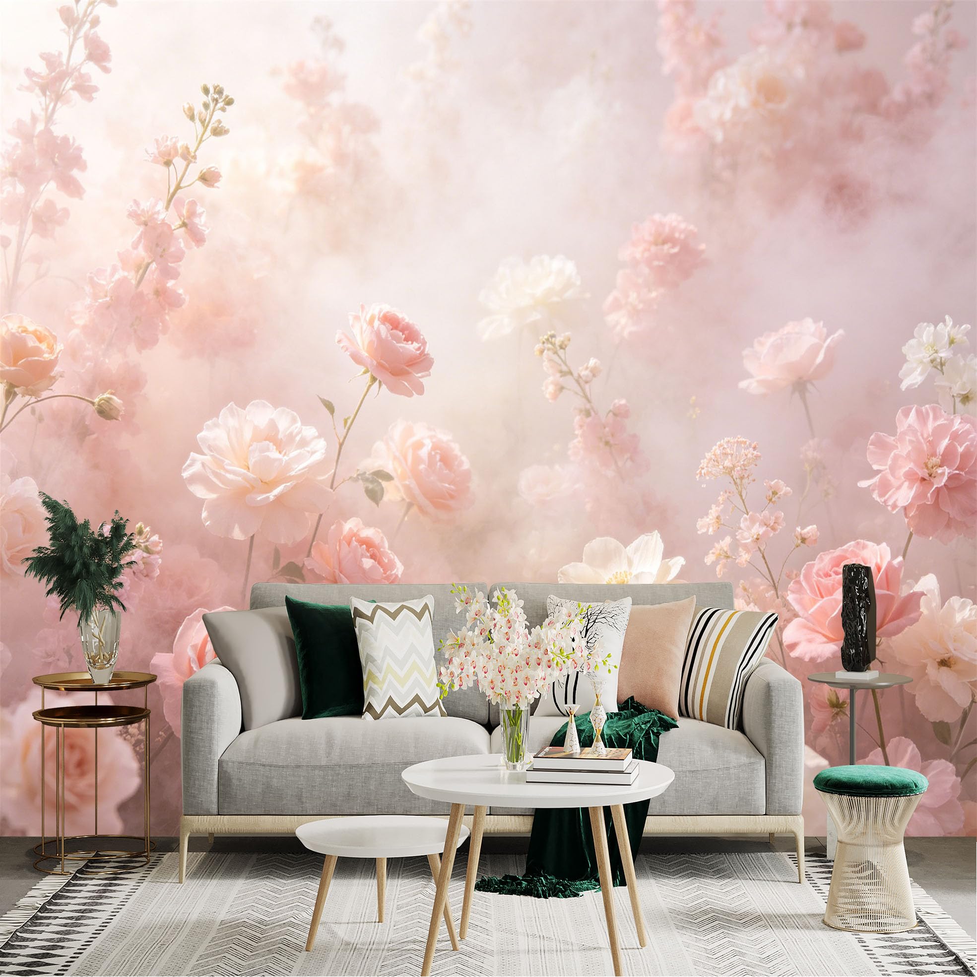 Lnzczhyre Dbh260521336 Custom Size Wall Sticker Mural， Dreamy Pastel Pink Roses， Soft Floral Mist， Elegant Romantic Garden， For Wall Decoration， Peelandstick Wall Decals.