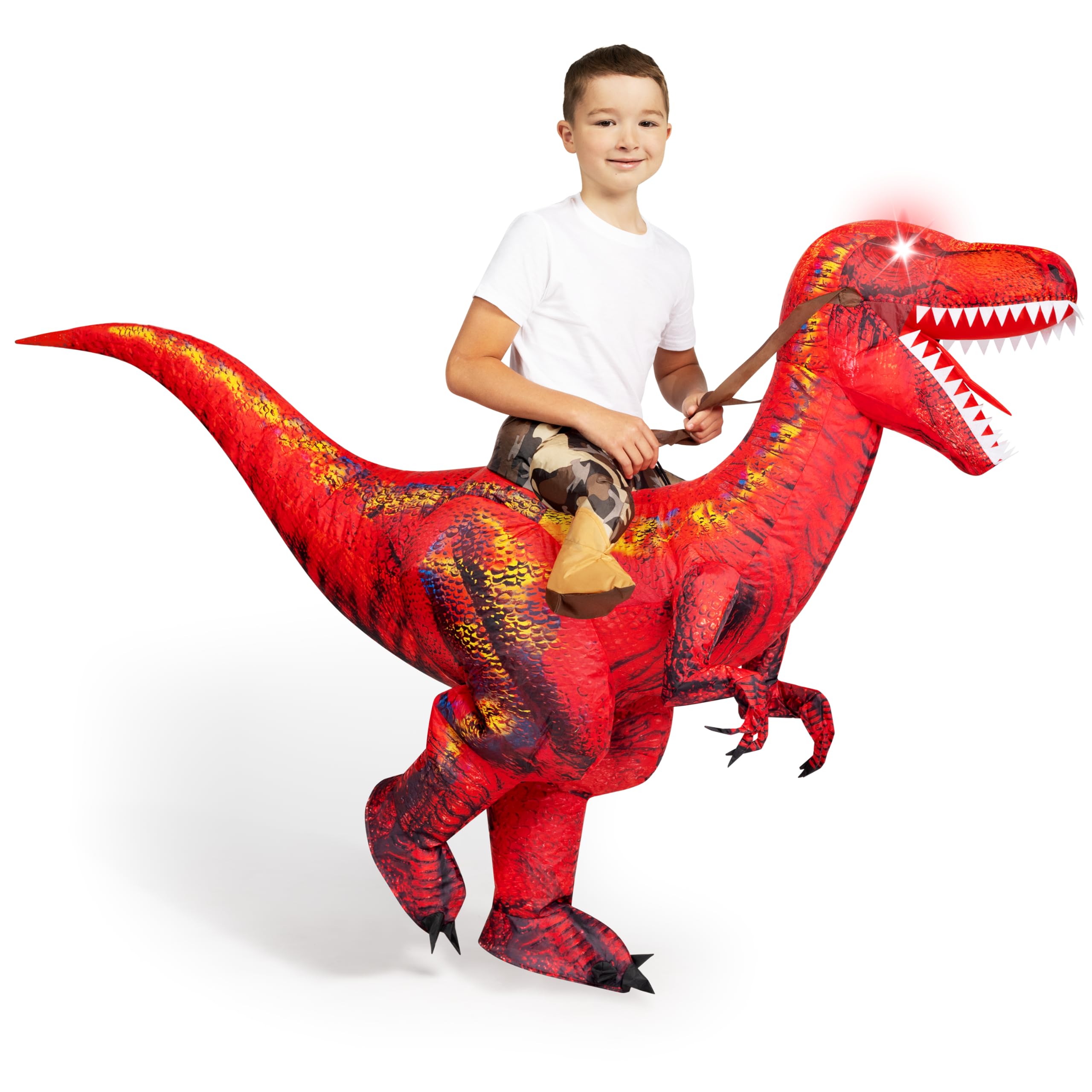 Spooktacular Creations Disfraz de dinosaurio inflable para niños, disfraz de T-Rex con ojos iluminados LED, montar un raptor, disfraces de Halloween inflables con aire impreso digitalmente