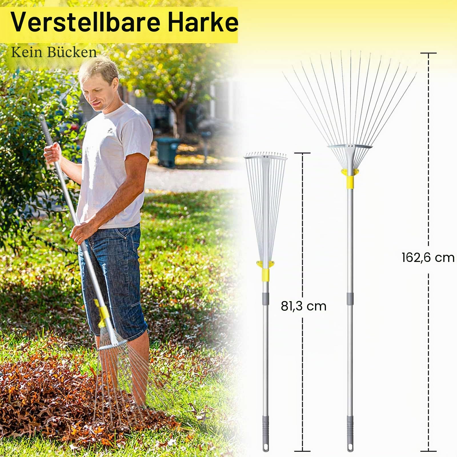 Jardineer Laubrechen mit Stiel, Gartenrechen mit verstellbarem Kopf 18-59cm, Laubharke Metall für Rasenflächen, Laubbesen, Fächerbesen Rasenrechen zum Kehren von Laub, Kiefernnadeln