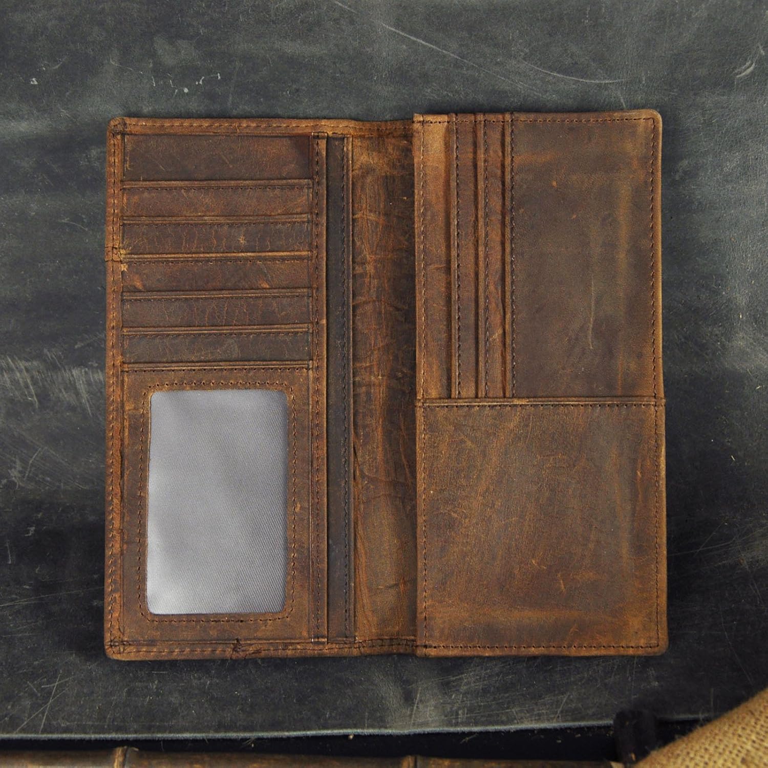 Le'aokuu Mens Genuine Leather Bifold Wallet Organizer Checkbook Card Case (M W1037 Dark Brown)