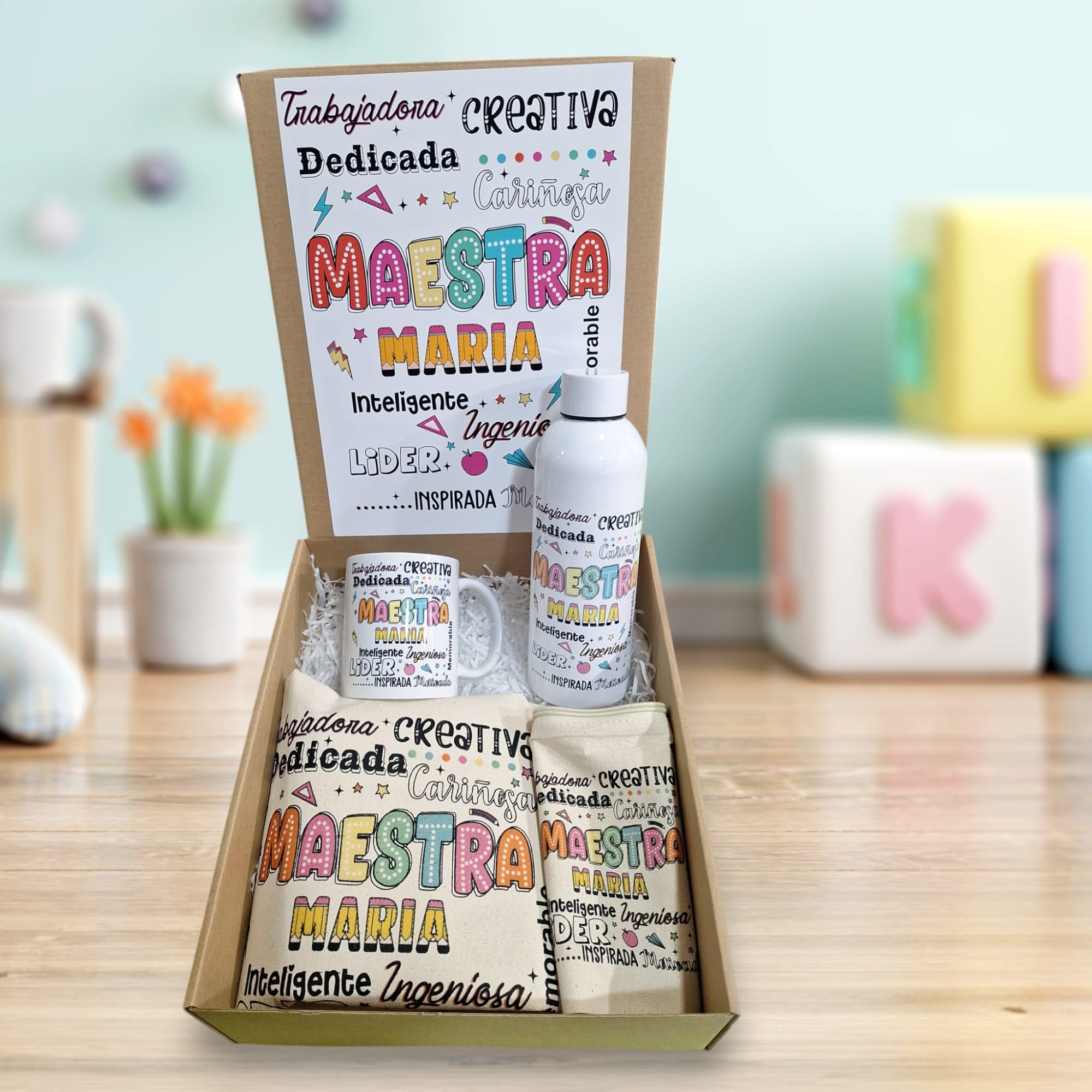 Genérico Pack de Regalo personalizado con nombre y texto, para maestras, Profesoras, profesoras de guardería.