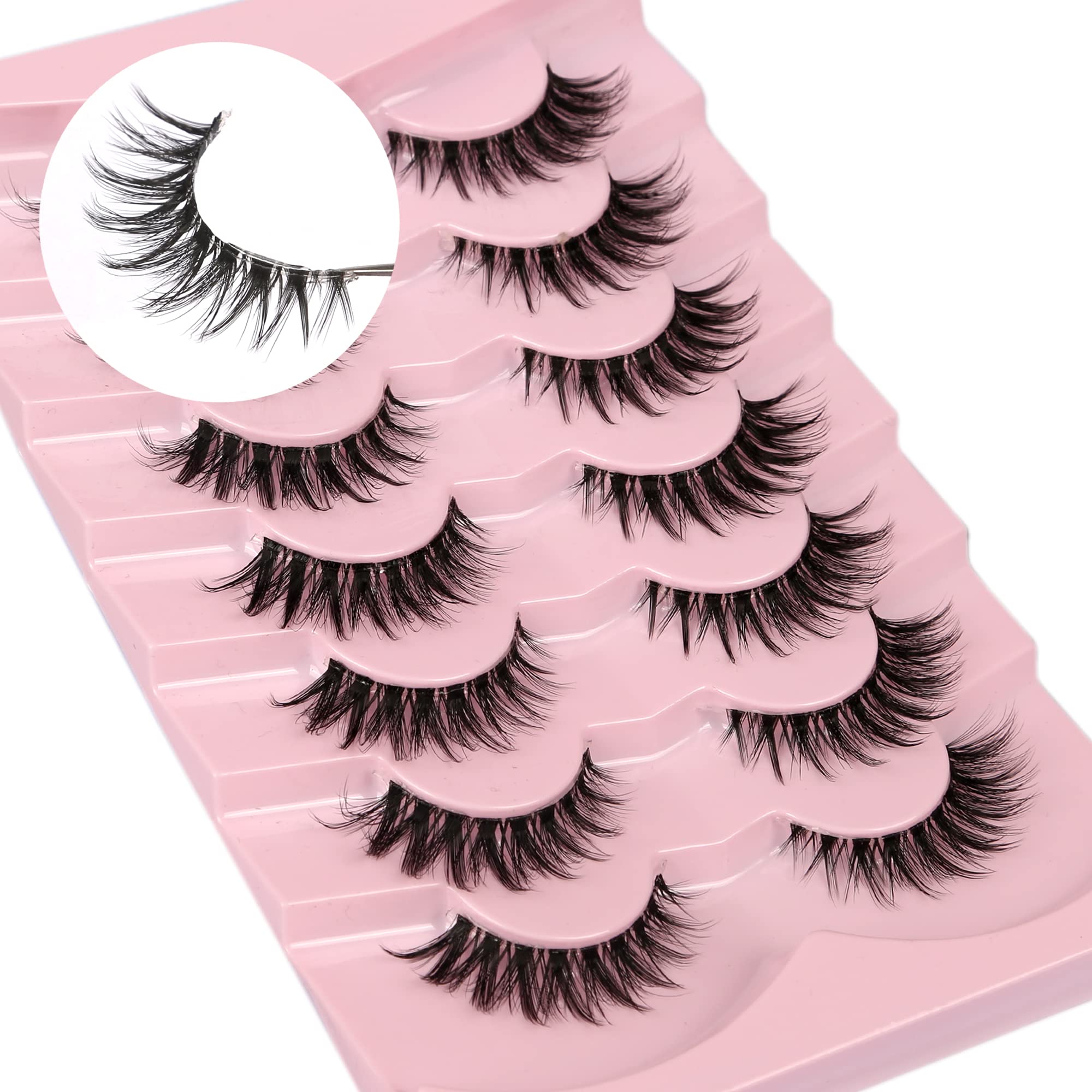 False Eyelashes Cat Eye Natural Look Wispy Wet Look Lashes With Clear Band Fluffy Faux Mink lashes Volume Spiky Fake Eyelash 7 Pairs Pack By Milllruez
