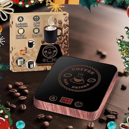 Coffee Mug Warmer for Desk with Auto Shutoff, Coffee Cup Warmer for Desk Auto Shut Off with 3 Temp. Settings & 1-12H Timer (Xmas Coffee Gifts) - Wood Square with 3 temperatures
