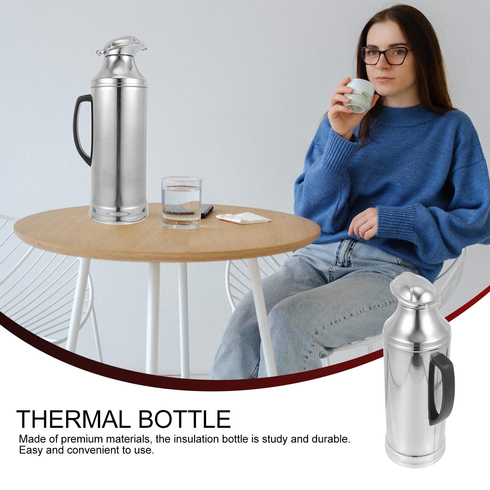 Borraccia Termica in Acciaio Inox con Interno in Vetro, Grande Capacità, Isolamento Termico Affidabile e Salubre per Uso Domestico e Ufficio