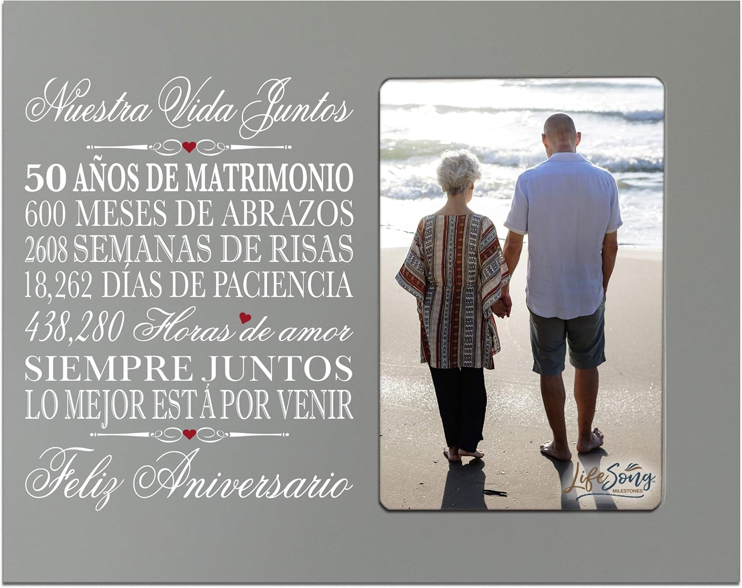 LifeSong Milestones 50th Anniversary Picture Frame Marriage Keepsake Gift with Spanish Verse - Fifty Years Wedding Keepsake Gift for Parents Husband Wife Him Her Holds 8x10 Photo (Walnut)